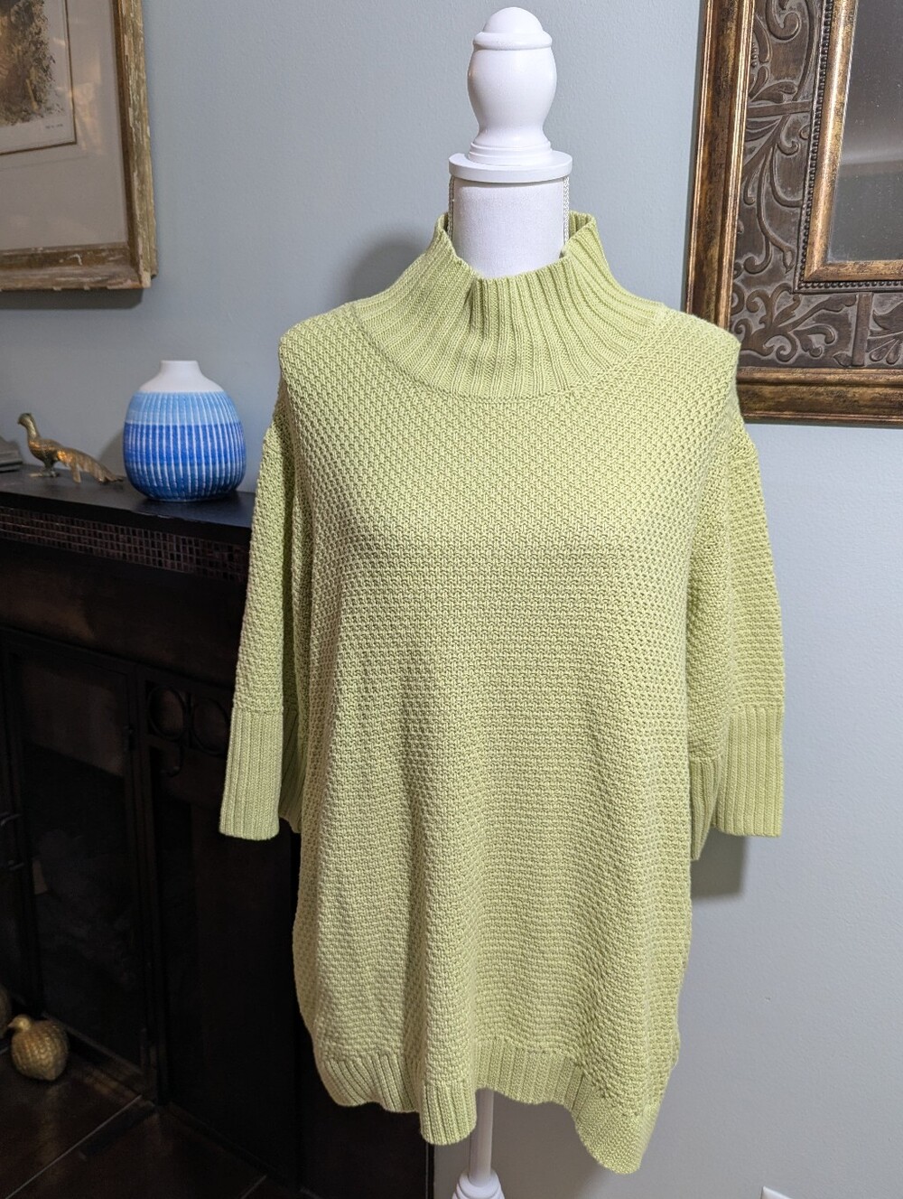 Peace Love World Women's 1X Cotton Elbow Sleeve Turtleneck Sweater Mojito Green